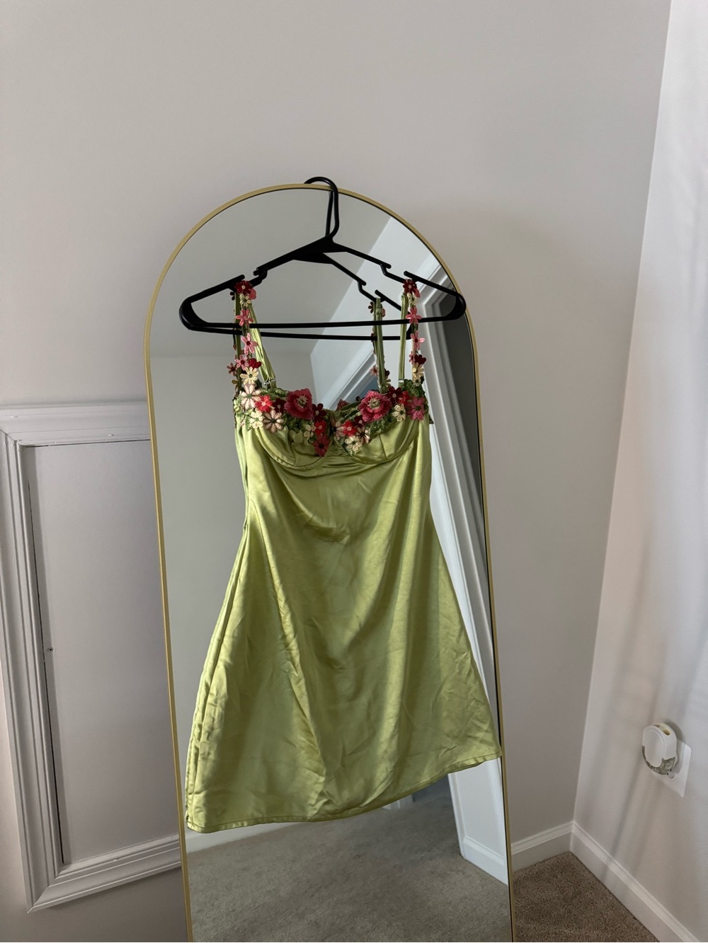Princess Polly Green Satin Slip Dress with Floral Embroidered Straps - Picture 1 of 4